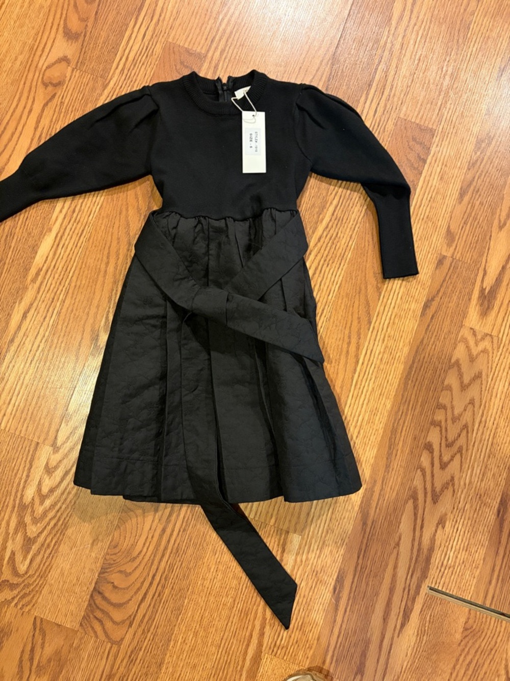 Girls Black Knit & Textured Waist-Tie Dress